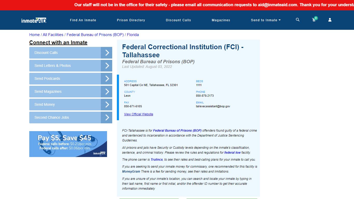 Federal Correctional Institution (FCI) - Tallahassee ...