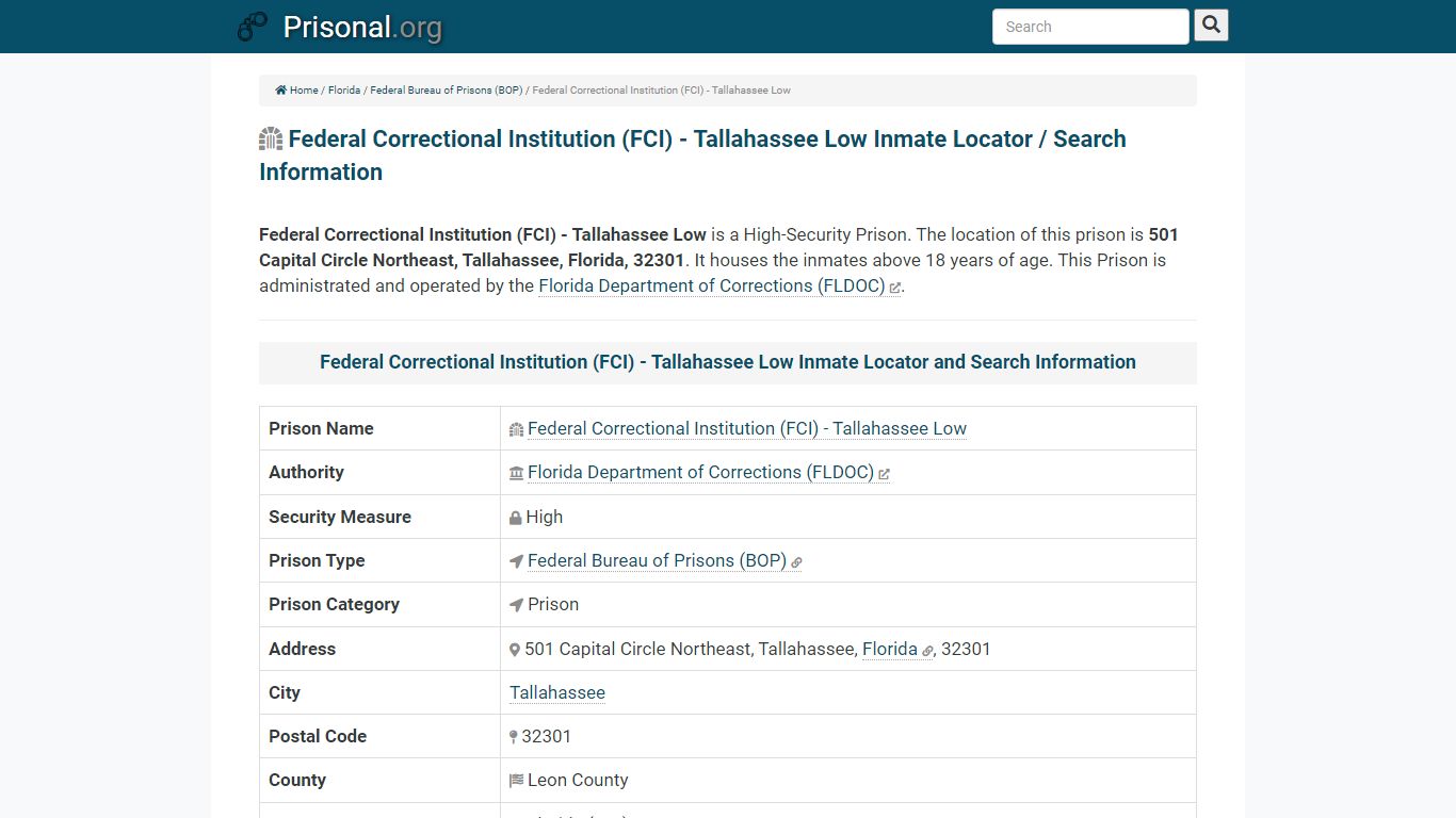 Federal Correctional Institution (FCI) - Tallahassee Low ...